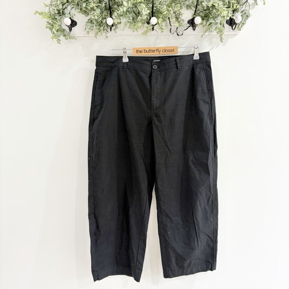 J.Crew Women’s Black Cropped Wide Leg canvas pleated Trousers 32 B 5715